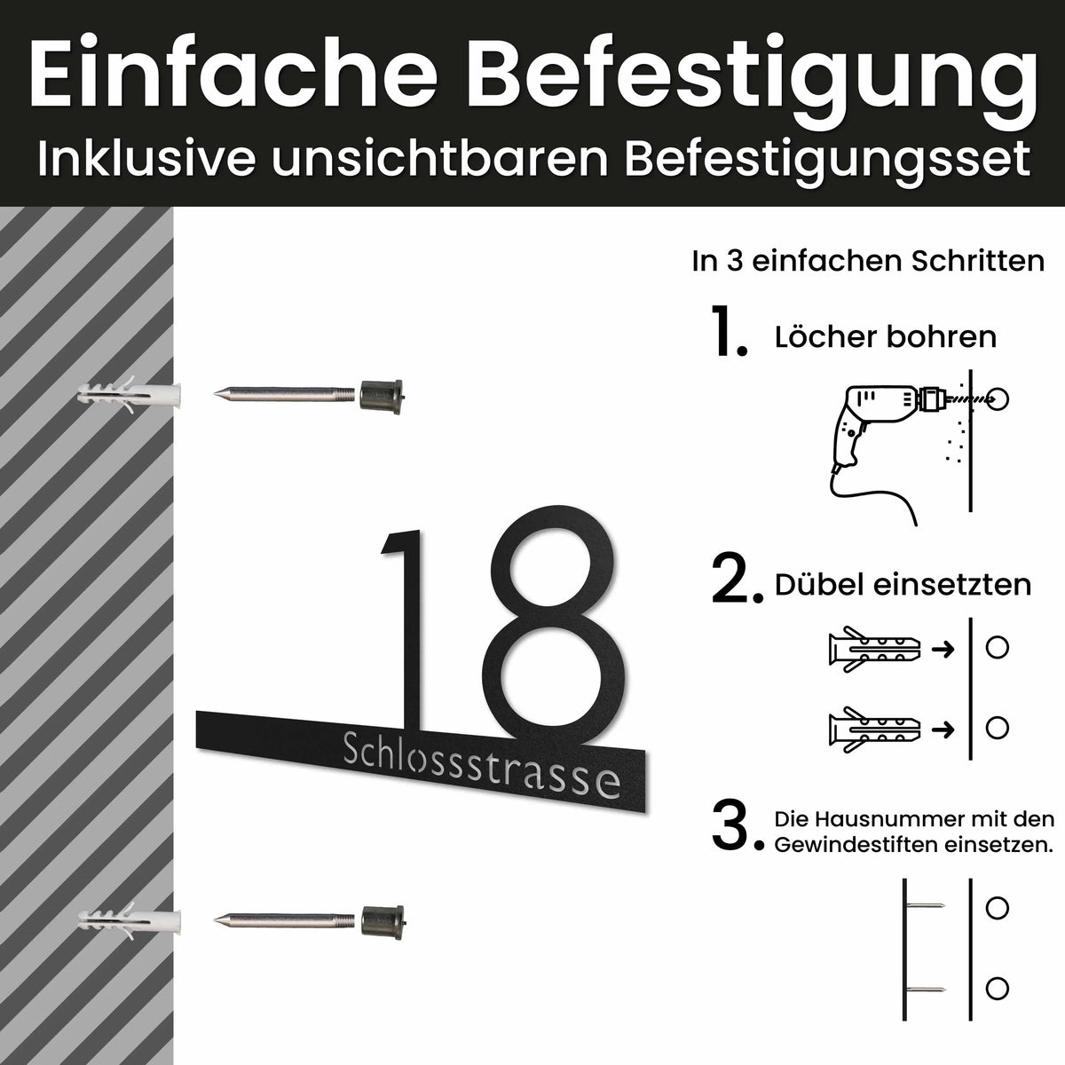 Edelstahl Straßenschild mit Hausnummer personalisiert – Straßenschild mit Hausnummer, Montage mit unsichtbarem Befestigungsset · WesterWerk