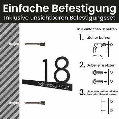 Edelstahl Straßenschild mit Hausnummer personalisiert – Straßenschild mit Hausnummer, Montage mit unsichtbarem Befestigungsset · WesterWerk