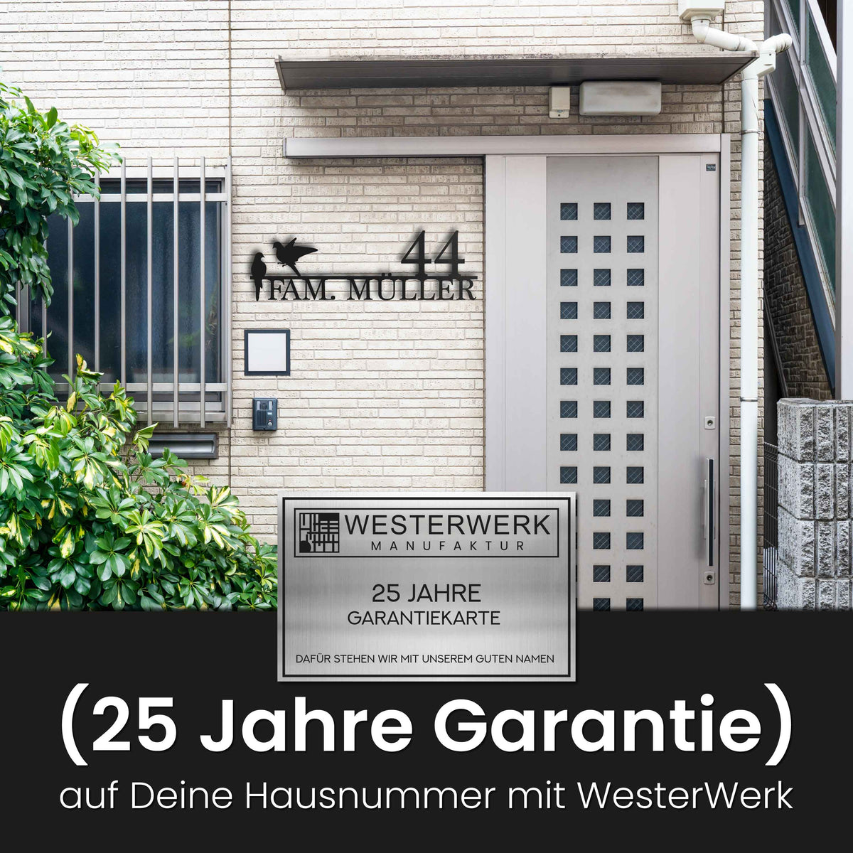 Edelstahl Straßenschild mit Hausnummer personalisiert – Straßenschild mit Vögeln, Qualität und Garantie · WesterWerk