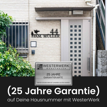 Edelstahl Straßenschild mit Hausnummer personalisiert – Straßenschild mit Vögeln, Qualität und Garantie · WesterWerk