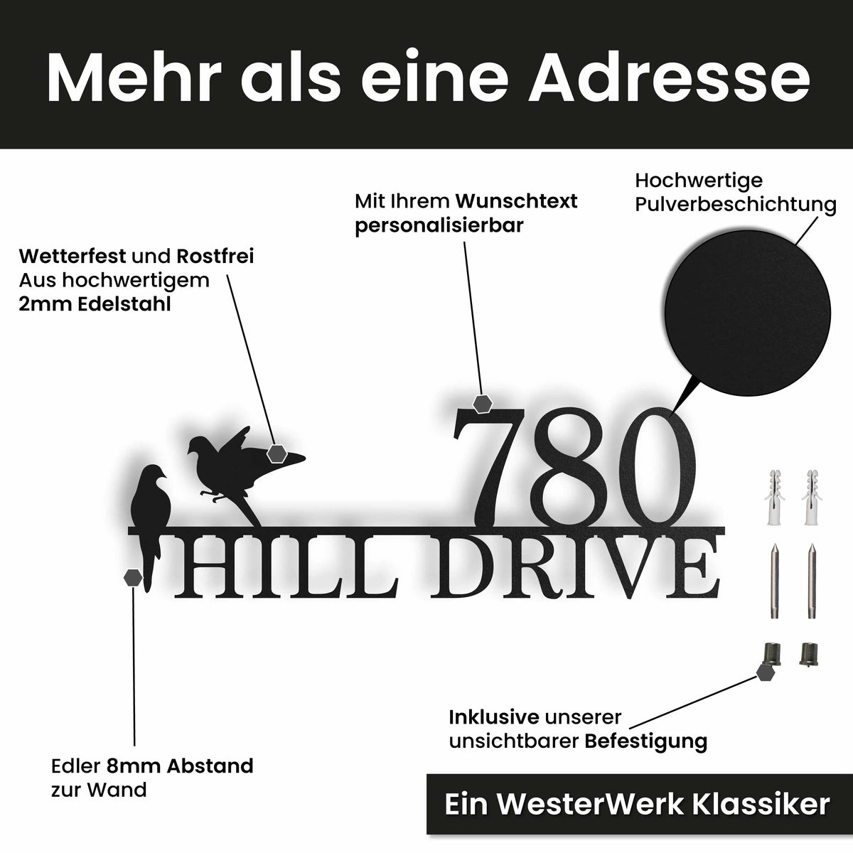 Edelstahl Straßenschild mit Hausnummer personalisiert – Straßenschild mit Vögeln, mit Wunschnummer und Wunschtext gestalten · WesterWerk