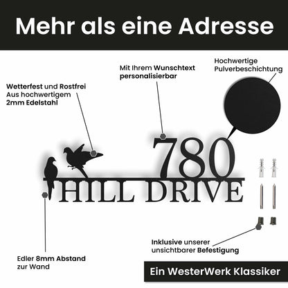 Edelstahl Straßenschild mit Hausnummer personalisiert – Straßenschild mit Vögeln, mit Wunschnummer und Wunschtext gestalten · WesterWerk