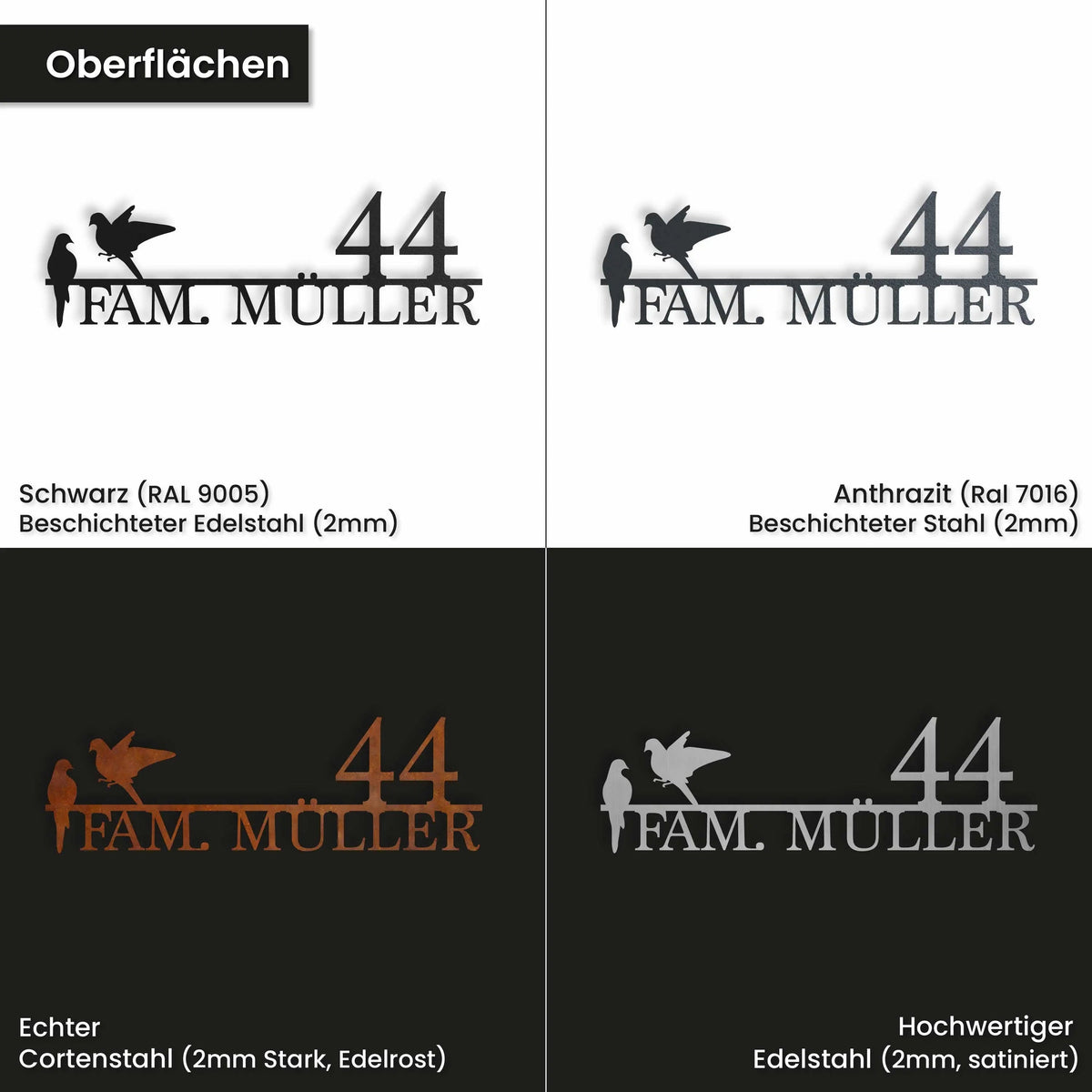 Edelstahl Straßenschild mit Hausnummer personalisiert – Straßenschild mit Vögeln, Material: Edelstahl, lasergeschnitten · WesterWerk