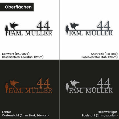 Edelstahl Straßenschild mit Hausnummer personalisiert – Straßenschild mit Vögeln, Material: Edelstahl, lasergeschnitten · WesterWerk