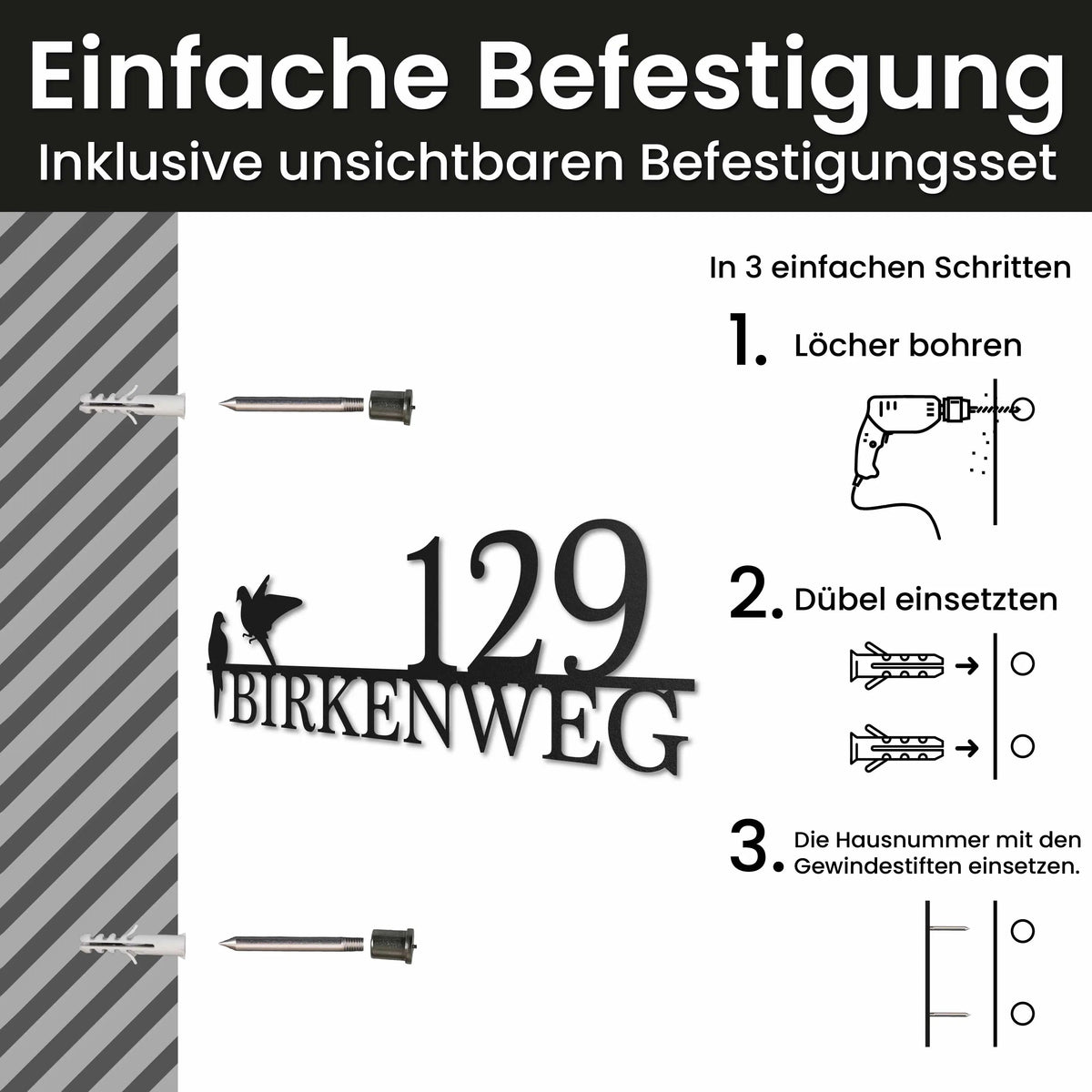 Edelstahl Straßenschild mit Hausnummer personalisiert – Straßenschild mit Vögeln, Montage mit unsichtbarem Befestigungsset · WesterWerk
