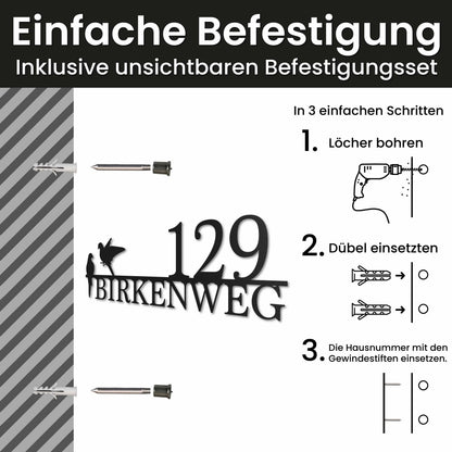 Edelstahl Straßenschild mit Hausnummer personalisiert – Straßenschild mit Vögeln, Montage mit unsichtbarem Befestigungsset · WesterWerk