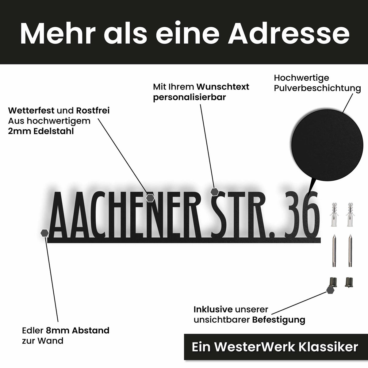 Edelstahl Straßenschild mit Hausnummer personalisiert – Straßenschild Modern, mit Wunschnummer und Wunschtext gestalten · WesterWerk