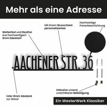 Edelstahl Straßenschild mit Hausnummer personalisiert – Straßenschild Modern, mit Wunschnummer und Wunschtext gestalten · WesterWerk