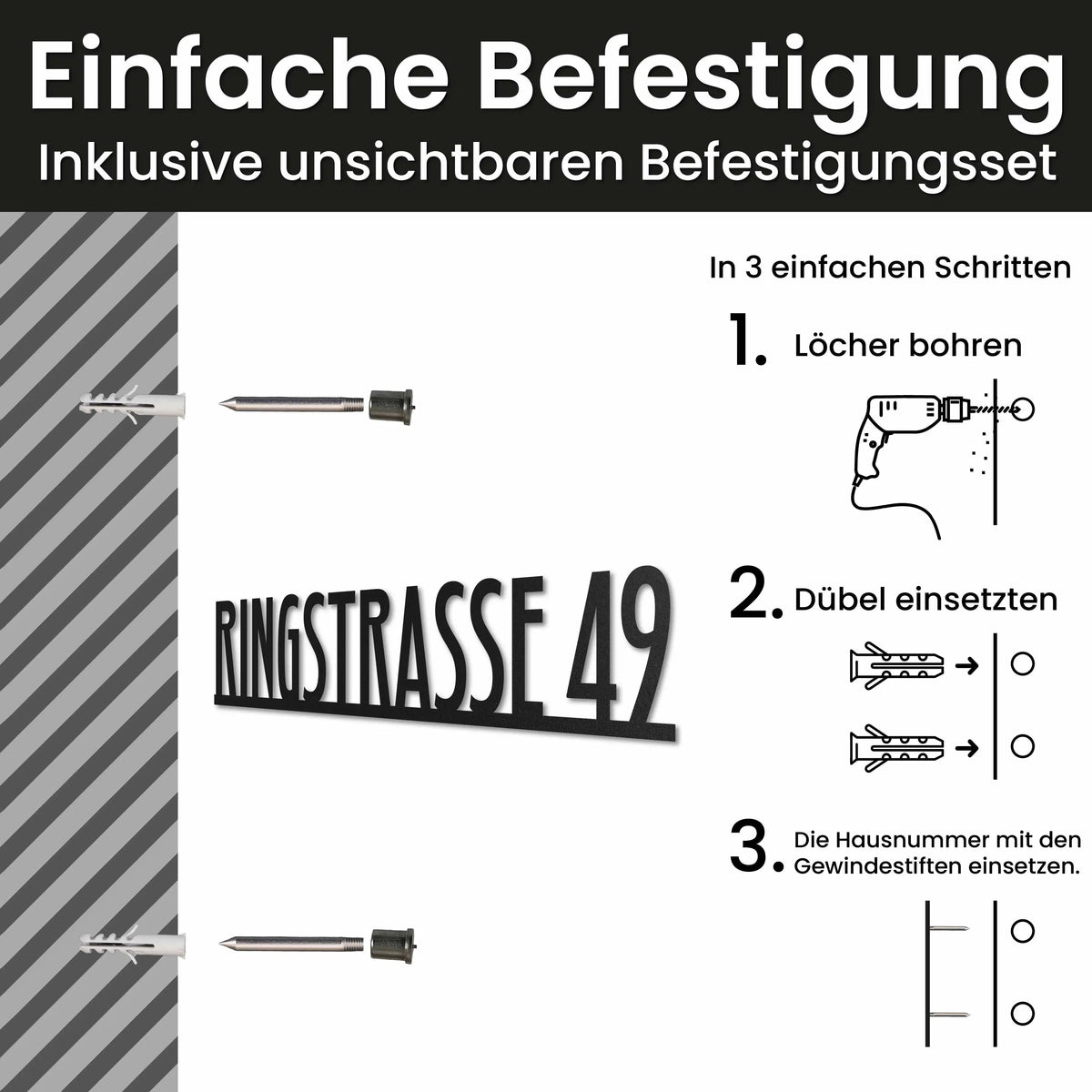 Edelstahl Straßenschild mit Hausnummer personalisiert – Straßenschild Modern, Montage mit unsichtbarem Befestigungsset · WesterWerk