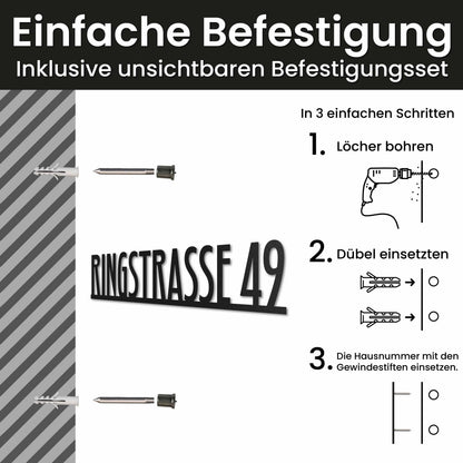 Edelstahl Straßenschild mit Hausnummer personalisiert – Straßenschild Modern, Montage mit unsichtbarem Befestigungsset · WesterWerk