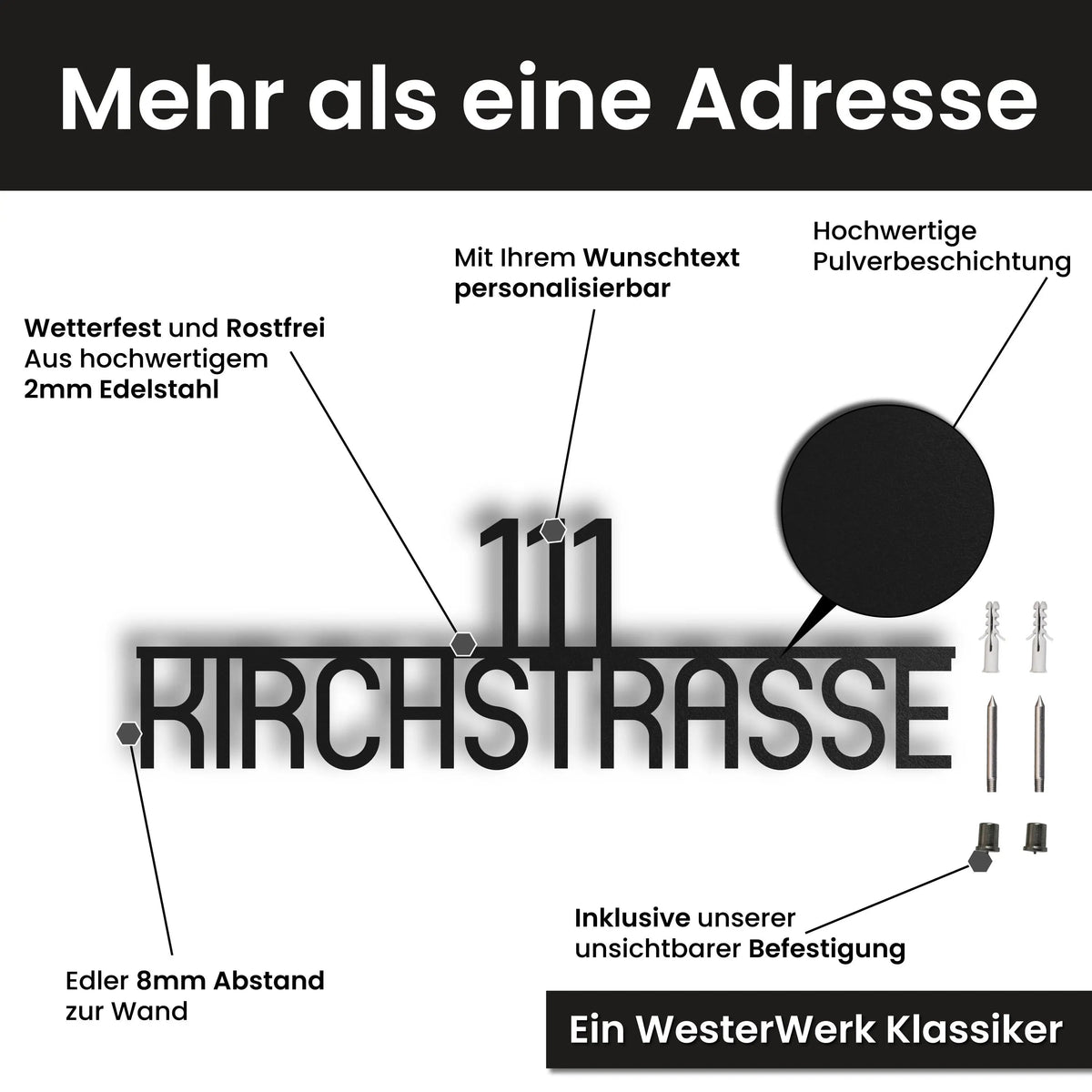 Edelstahl Straßenschild mit Hausnummer personalisiert – Zentriertes, Modernes Straßenschild Abgerundet, mit Wunschnummer und Wunschtext gestalten · WesterWerk