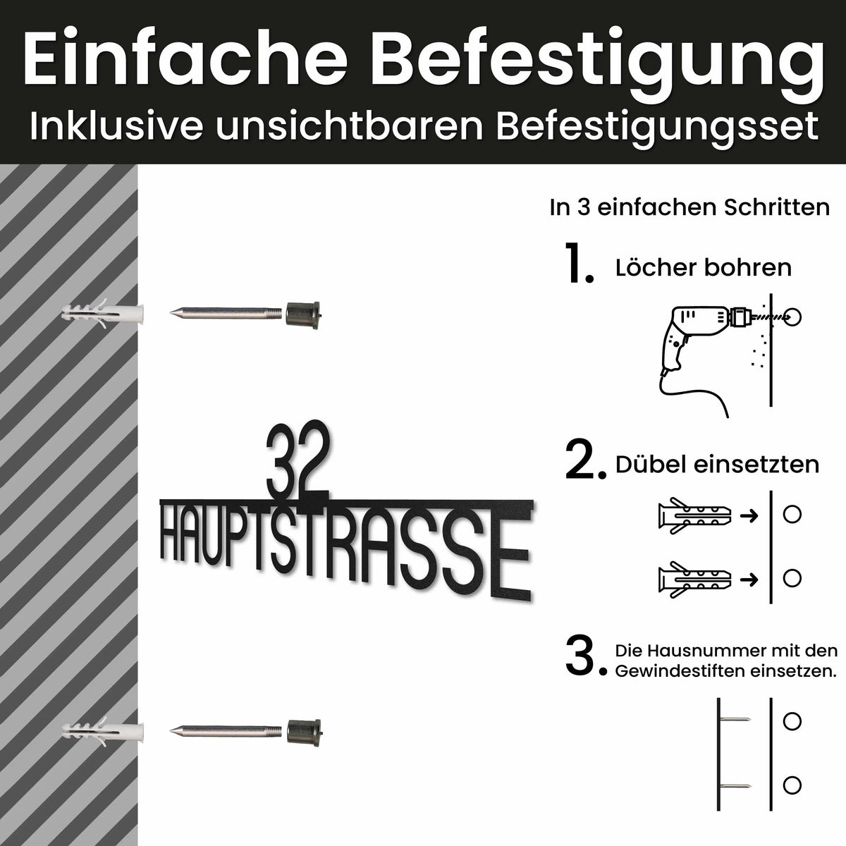 Edelstahl Straßenschild mit Hausnummer personalisiert – Zentriertes, Modernes Straßenschild Abgerundet, Montage mit unsichtbarem Befestigungsset · WesterWerk