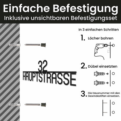 Edelstahl Straßenschild mit Hausnummer personalisiert – Zentriertes, Modernes Straßenschild Abgerundet, Montage mit unsichtbarem Befestigungsset · WesterWerk