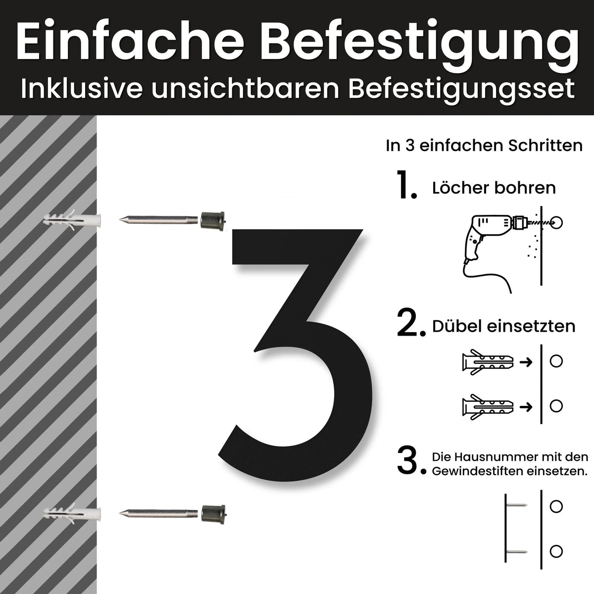 Geometrische Hausnummer – Einfache Befestigung mit unsichtbarem Befestigungsset