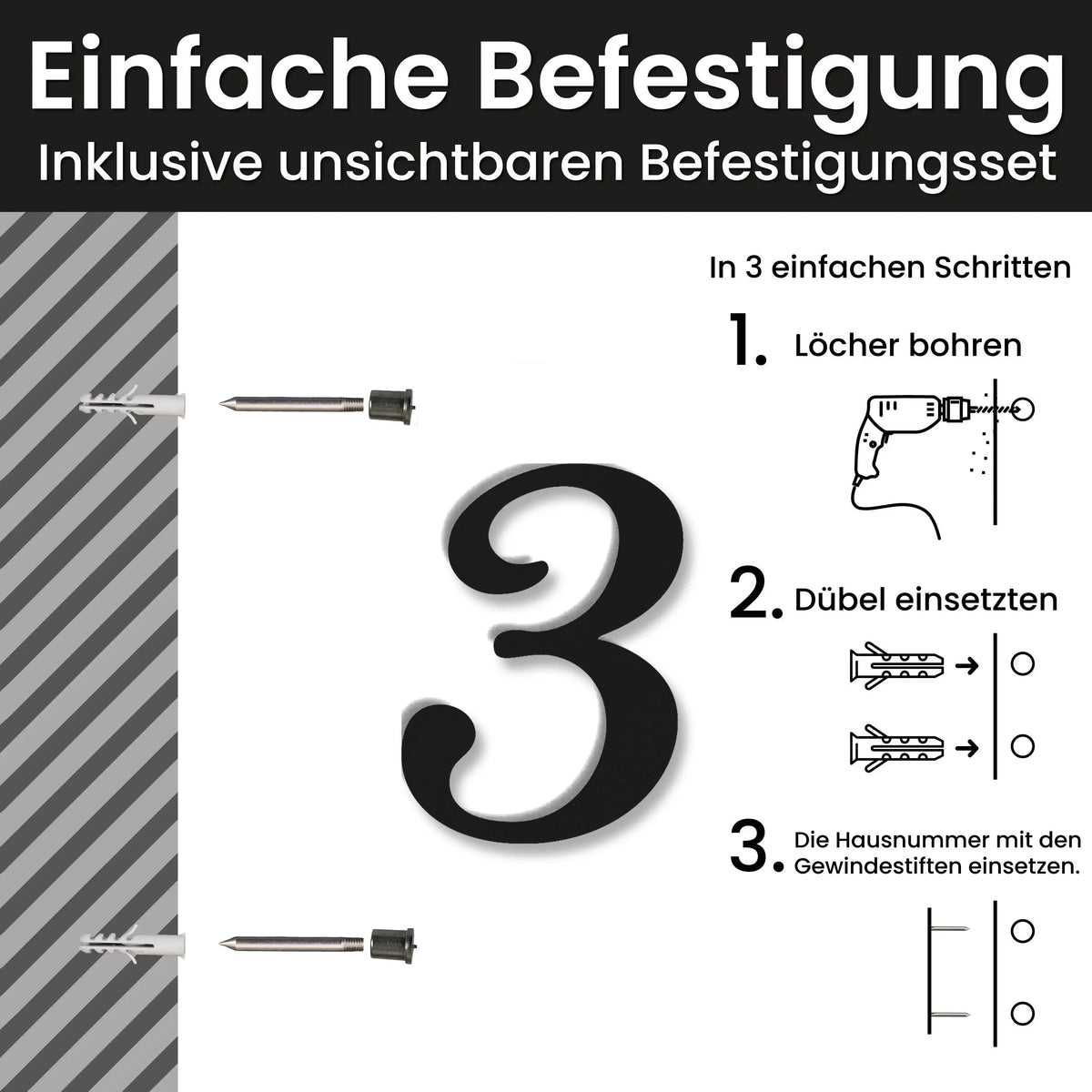 Edelstahl Hausnummer personalisiert – Geschwungene Hausnummer, Einfache Befestigung mit unsichtbarem Befestigungsset · WesterWerk
