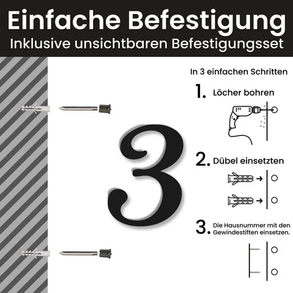 Edelstahl Hausnummer personalisiert – Geschwungene Hausnummer, Einfache Befestigung mit unsichtbarem Befestigungsset · WesterWerk