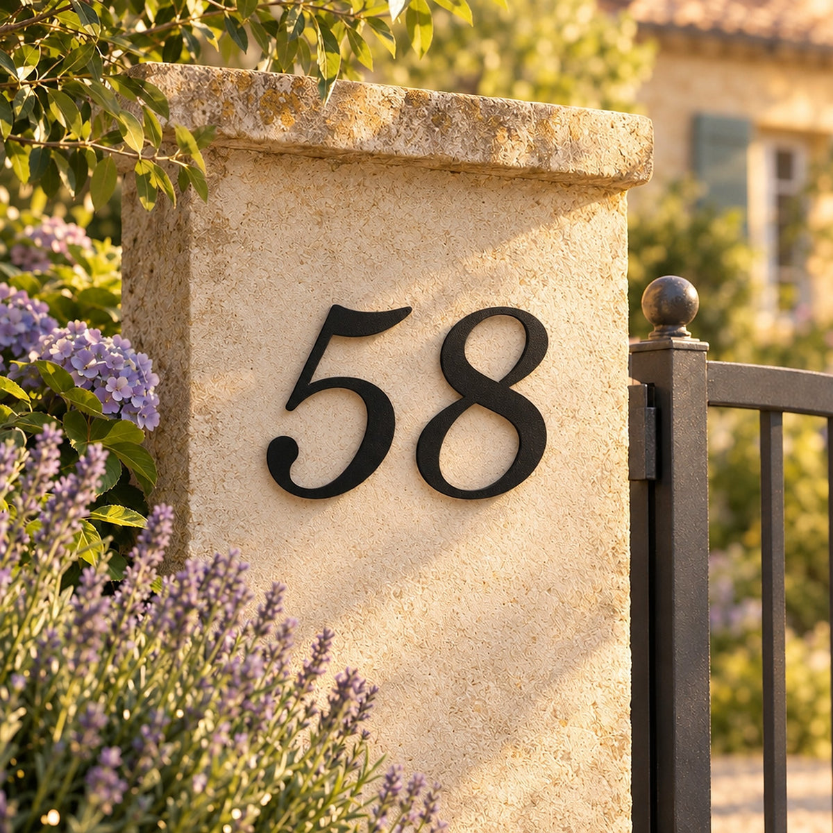 Edelstahl Hausnummer personalisiert – Geschwungene Hausnummer „58“ in Schwarz am Gartenpfeiler · WesterWerk