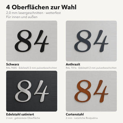 Edelstahl Hausnummer personalisiert – Geschwungene Hausnummer, 4 Oberflächen zur Wahl – Schwarz, Anthrazit, Edelstahl satiniert, Cortenstahl · WesterWerk