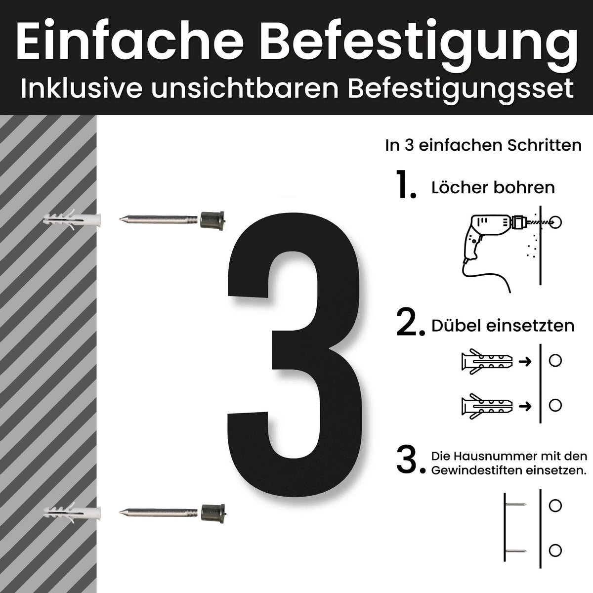 Edelstahl Hausnummer personalisiert – Gewagte Hausnummer, Einfache Befestigung mit unsichtbarem Befestigungsset · WesterWerk
