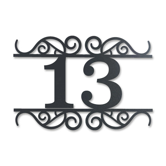 Edelstahl Hausnummernschild personalisiert – Verzierte Hausnummer „13“, lasergeschnitten · WesterWerk