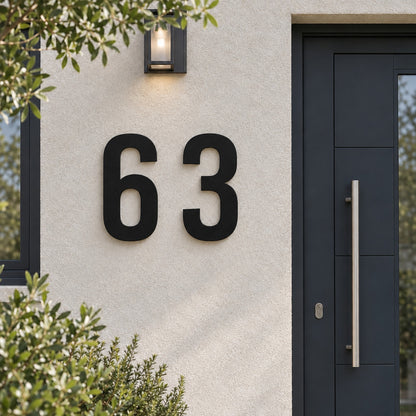 Edelstahl Hausnummer personalisiert – Gewagte Hausnummer „63“ in Schwarz neben der Haustür · WesterWerk