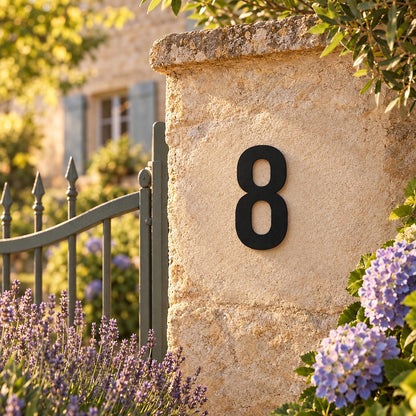 Edelstahl Hausnummer personalisiert – Gewagte Hausnummer „8“ in Schwarz am Gartenpfeiler · WesterWerk