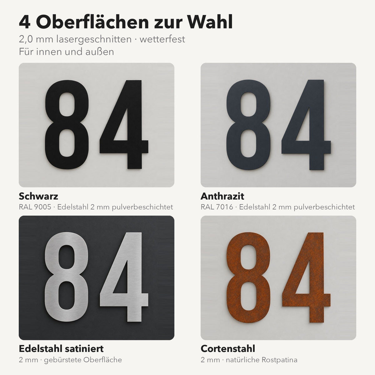 Edelstahl Hausnummer personalisiert – Gewagte Hausnummer, 4 Oberflächen zur Wahl – Schwarz, Anthrazit, Edelstahl satiniert, Cortenstahl · WesterWerk