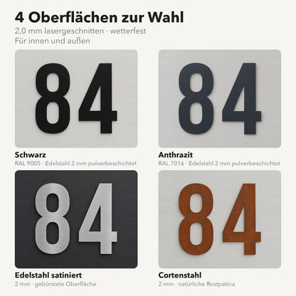 Edelstahl Hausnummer personalisiert – Gewagte Hausnummer, 4 Oberflächen zur Wahl – Schwarz, Anthrazit, Edelstahl satiniert, Cortenstahl · WesterWerk