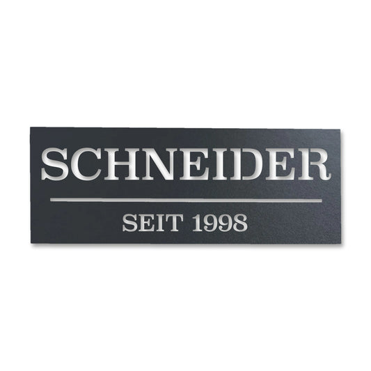 Edelstahl Hausnummernschild personalisiert – Hausschild „SEIT 1998 Schneider“, lasergeschnitten · WesterWerk