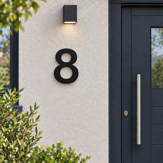 Edelstahl Hausnummer personalisiert – Klare Hausnummer „8“ in Schwarz neben der Haustür · WesterWerk