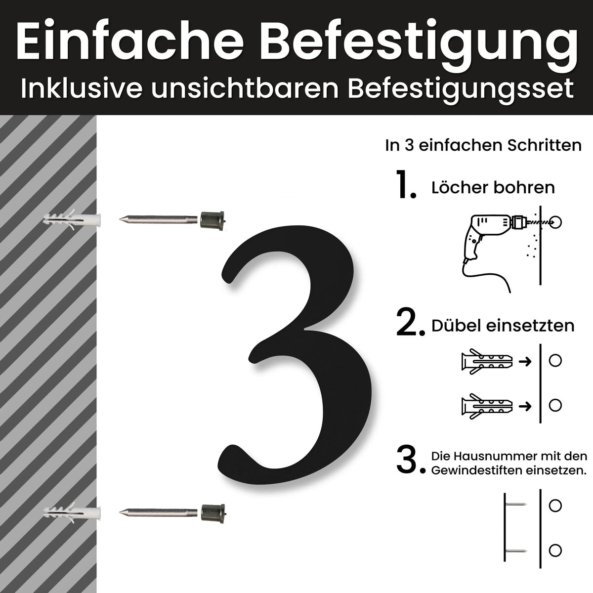 Klassische Hausnummer – Einfache Befestigung mit unsichtbarem Befestigungsset