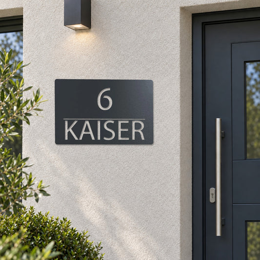Edelstahl Hausnummernschild personalisiert – Linienschild „6 Kaiser“ neben der Haustür, Edelstahl Anthrazit RAL 7016 · WesterWerk