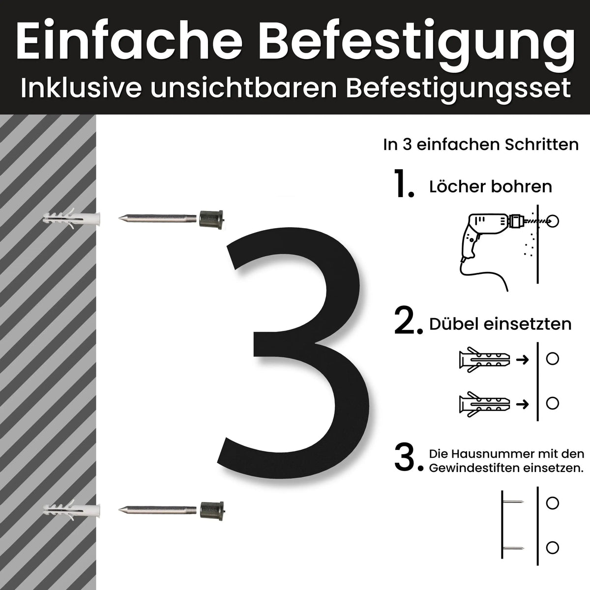 Edelstahl Hausnummer personalisiert – Moderne Hausnummer, Einfache Befestigung mit unsichtbarem Befestigungsset · WesterWerk
