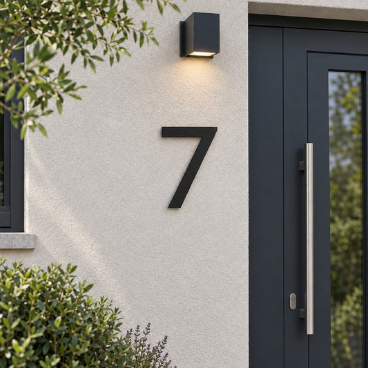 Edelstahl Hausnummer personalisiert – Moderne Hausnummer „7“ in Schwarz neben der Haustür · WesterWerk
