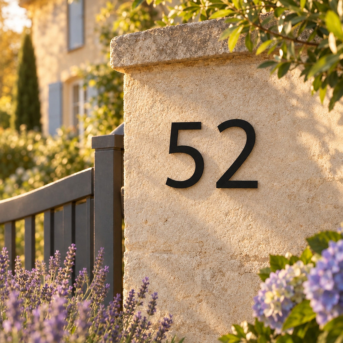 Edelstahl Hausnummer personalisiert – Moderne Hausnummer „52“ in Schwarz am Gartenpfeiler · WesterWerk
