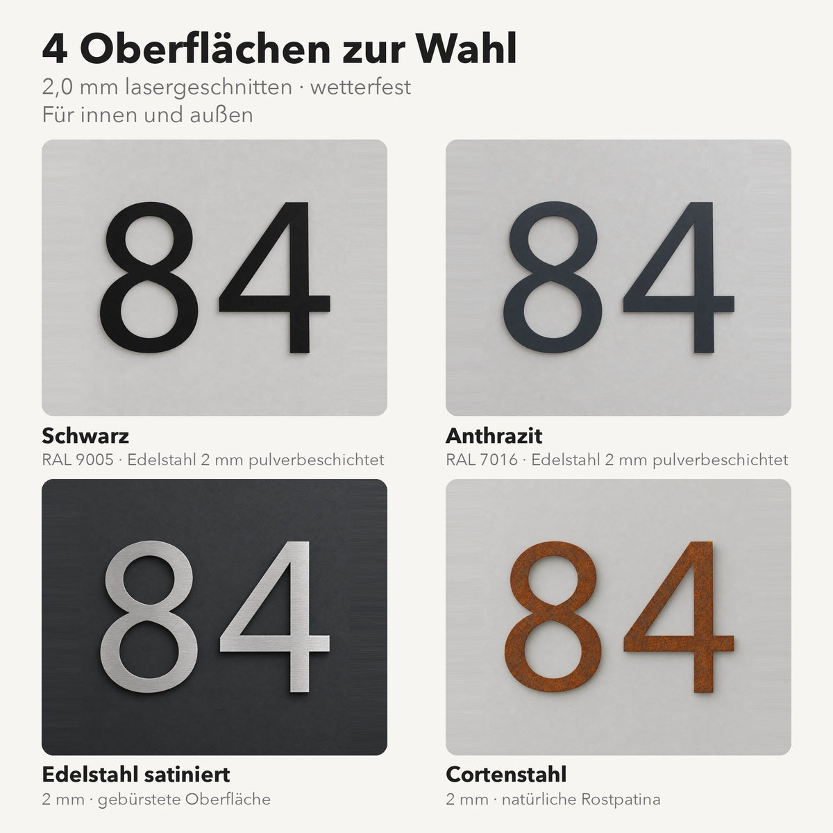 Edelstahl Hausnummer personalisiert – Moderne Hausnummer, 4 Oberflächen zur Wahl – Schwarz, Anthrazit, Edelstahl satiniert, Cortenstahl · WesterWerk