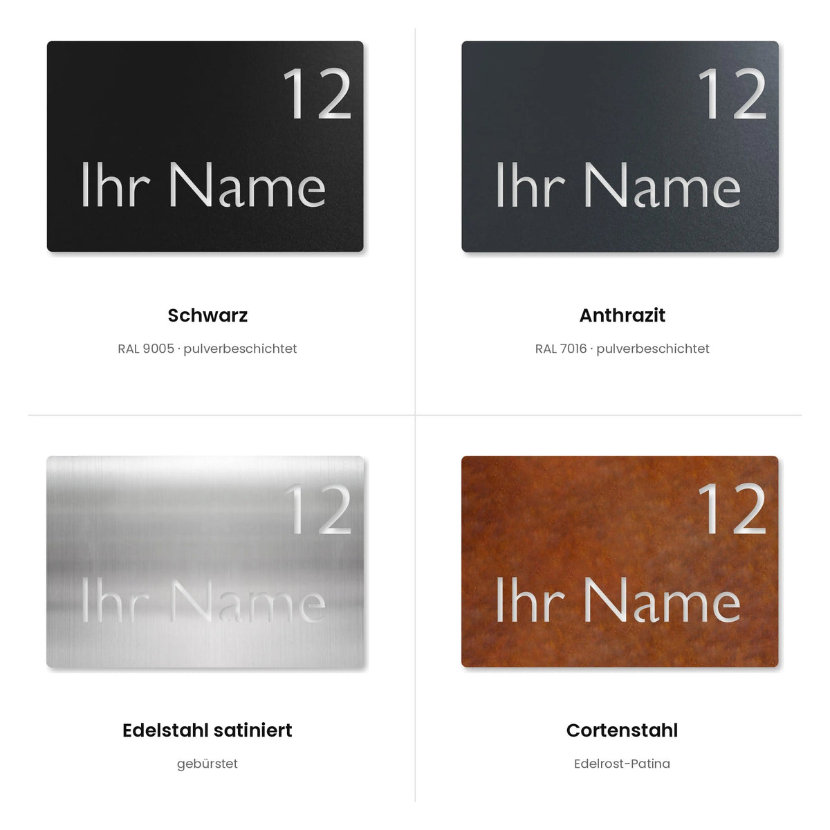 Moderne Nummer- und Namensschild – alle Oberflächen: Schwarz, Anthrazit, Edelstahl satiniert, Cortenstahl · WesterWerk