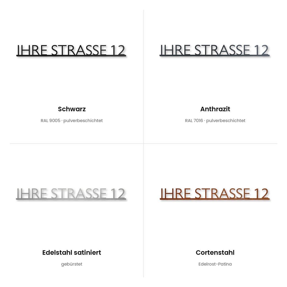Modernes Einzeiliges Straßenschild – alle Oberflächen: Schwarz, Anthrazit, Edelstahl satiniert, Cortenstahl · WesterWerk
