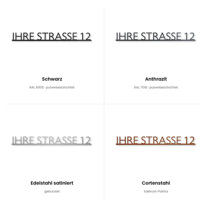 Modernes Einzeiliges Straßenschild – alle Oberflächen: Schwarz, Anthrazit, Edelstahl satiniert, Cortenstahl · WesterWerk
