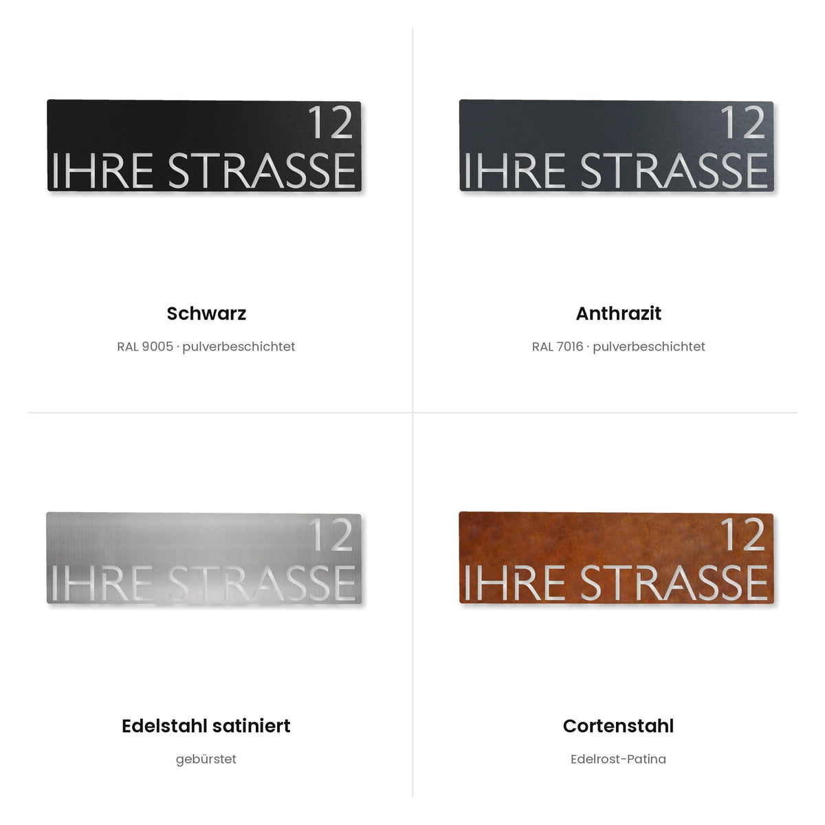 Modernes Straßenschild (Schild) – alle Oberflächen: Schwarz, Anthrazit, Edelstahl satiniert, Cortenstahl · WesterWerk