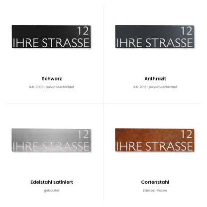 Modernes Straßenschild (Schild) – alle Oberflächen: Schwarz, Anthrazit, Edelstahl satiniert, Cortenstahl · WesterWerk