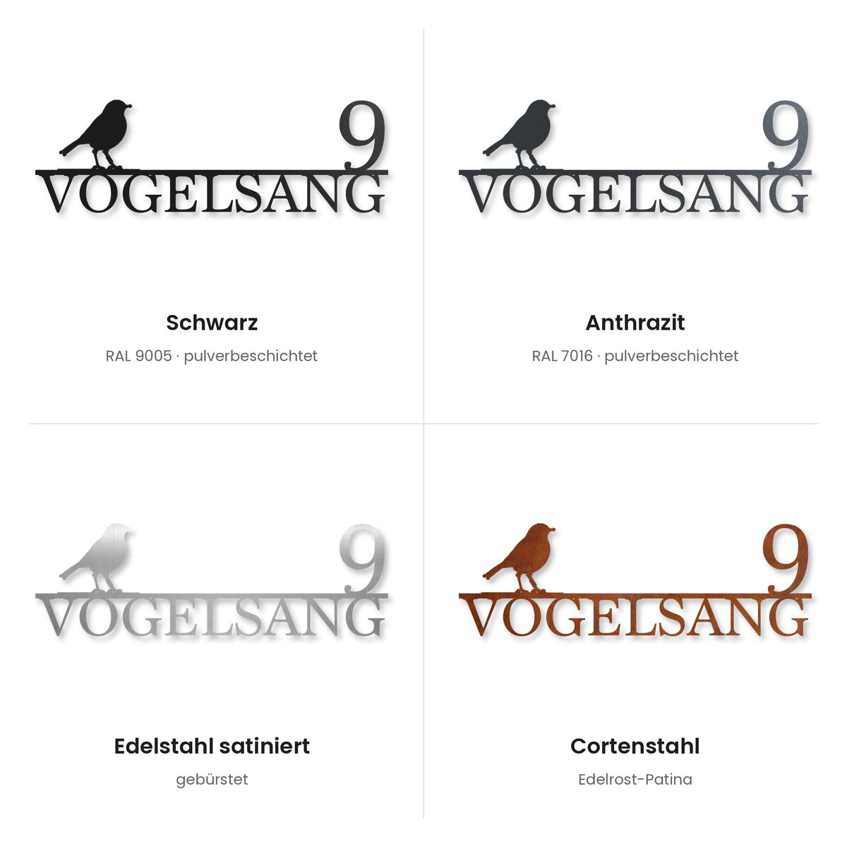 Straßenschild mit Motiv – Oberflächen Schwarz, Anthrazit, Edelstahl satiniert, Cortenstahl