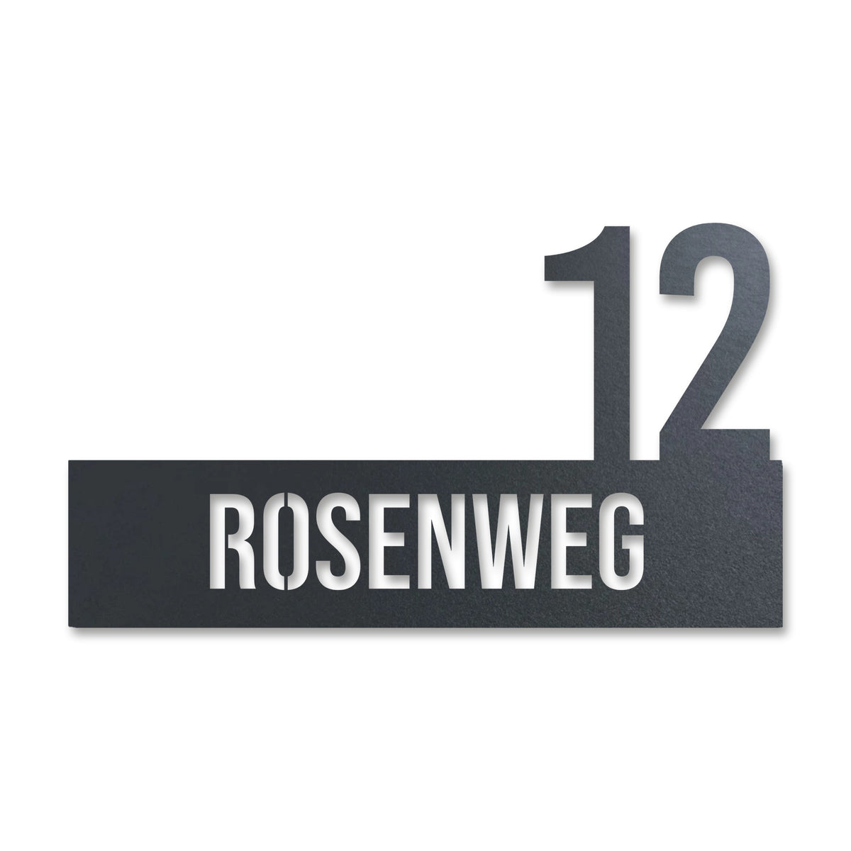 Edelstahl Straßenschild mit Hausnummer personalisiert – Straße mit Hausnummer „12 Rosenweg“, lasergeschnitten · WesterWerk