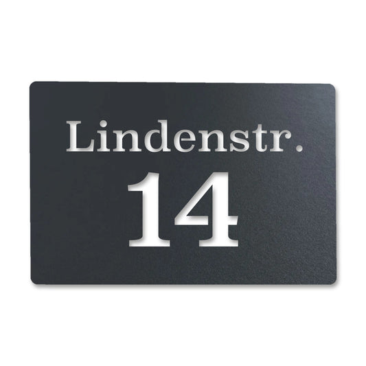 Edelstahl Straßenschild mit Hausnummer personalisiert – Straße und Nummer „14 Lindenstr.“, lasergeschnitten · WesterWerk