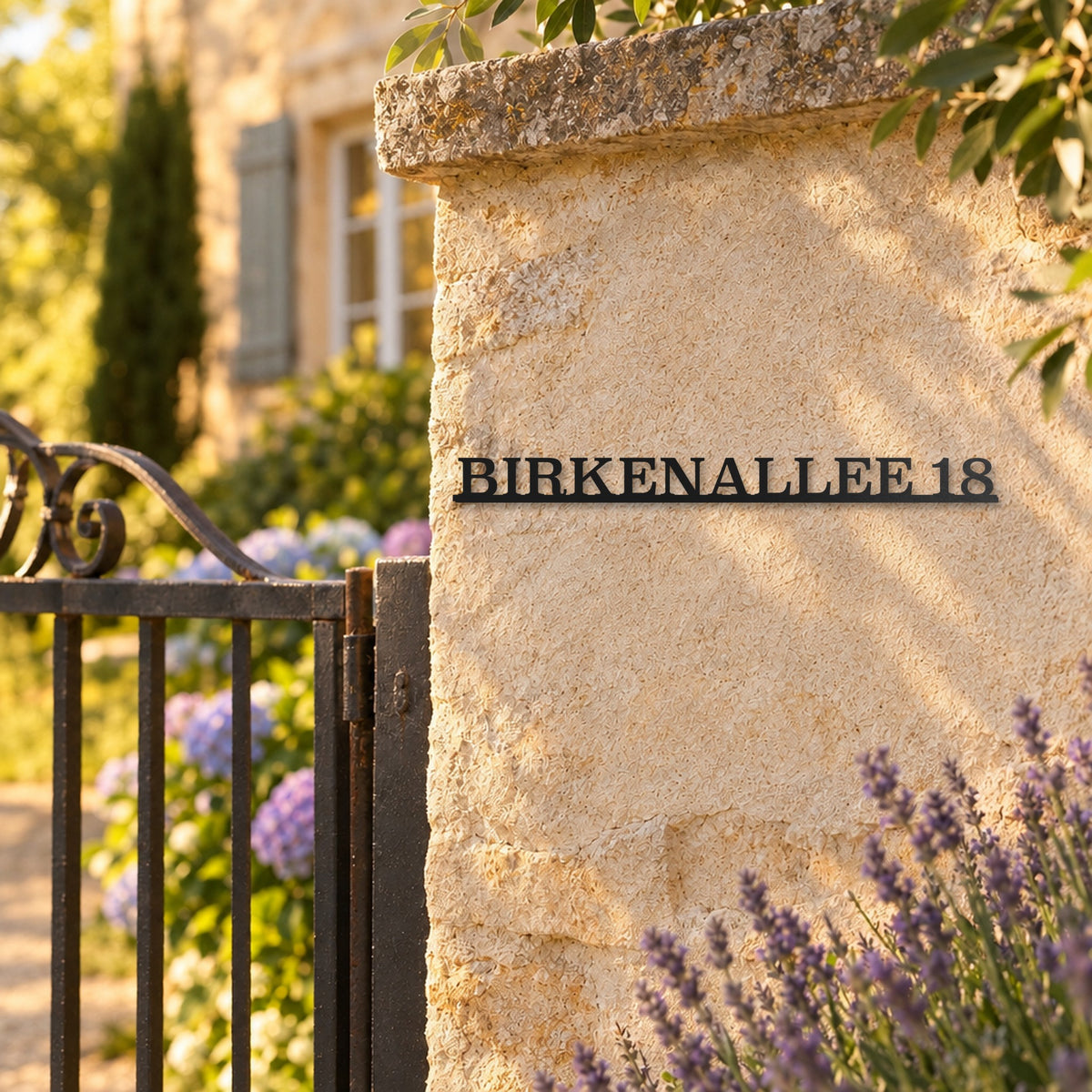 Edelstahl Straßenschild mit Hausnummer personalisiert – Einzeiliges Straßenschild „Birkenallee 18“ am Gartenpfeiler, Edelstahl Schwarz RAL 9005 · WesterWerk