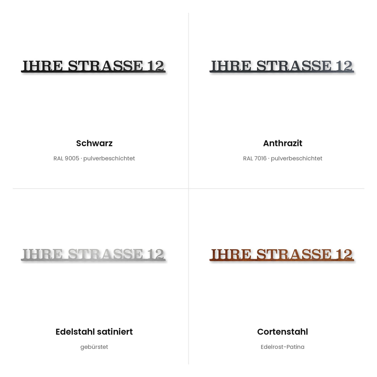 Einzeiliges Straßenschild – alle Oberflächen: Schwarz, Anthrazit, Edelstahl satiniert, Cortenstahl · WesterWerk