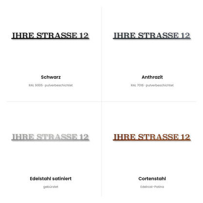 Einzeiliges Straßenschild – alle Oberflächen: Schwarz, Anthrazit, Edelstahl satiniert, Cortenstahl · WesterWerk