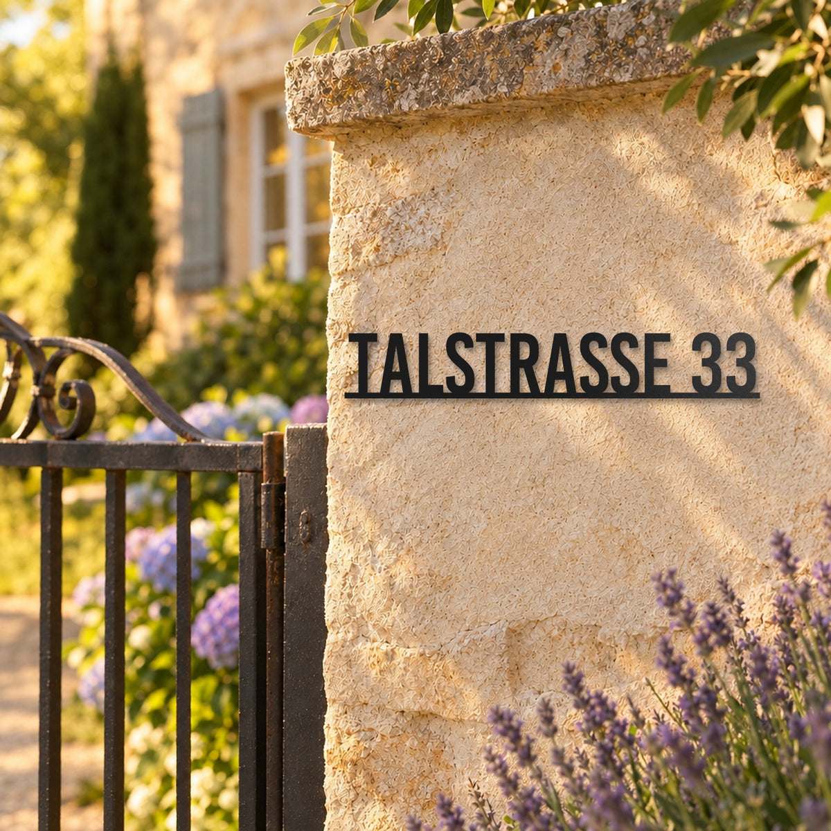 Edelstahl Straßenschild mit Hausnummer personalisiert – Straßenschild mit Hausnummer auf einer Linie „Talstraße 33“ am Gartenpfeiler, Edelstahl Schwarz RAL 9005 · WesterWerk