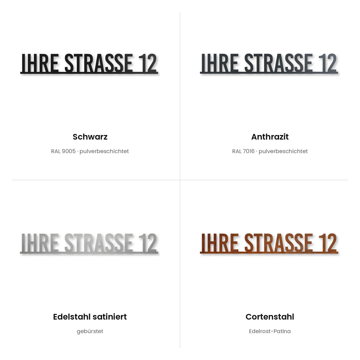 Straßenschild mit Hausnummer auf einer Linie – alle Oberflächen: Schwarz, Anthrazit, Edelstahl satiniert, Cortenstahl · WesterWerk