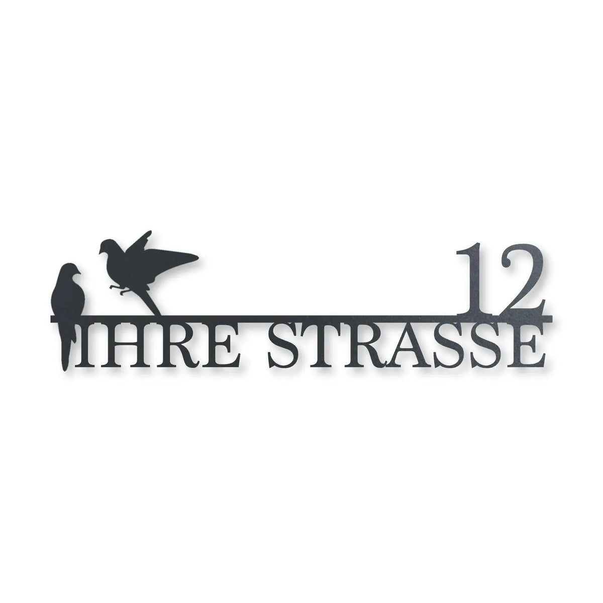 Edelstahl Straßenschild mit Hausnummer personalisiert – Straßenschild mit Vögeln, Edelstahl Anthrazit RAL 7016 · WesterWerk [checkout]